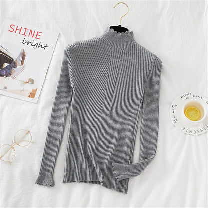 2026 weibliche Dünne Koreanische Strickwaren Tops Herbst Winter Pullover Frauen Hohl-out Pullover Langarm Rollkragenpullover.