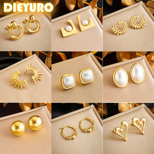 DIEYURO 316L Stainless Steel Love Pearl Round Square Fan Shaped Irregular Design Earrings Women New Trend Ear Jewelry Gift Party.