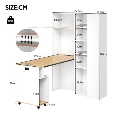Klappbarer Schreibtisch mit 2-in-1-Bücherregal und klappbarem Schreibtisch mit Steckdose und USB-Anschluss, höhenverstellbare Regale, kippsicherer Schutz