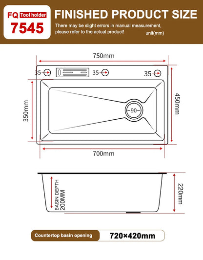 Stainless Steel Kitchen Sink Embossed Large Single-Slot With Kitchen Faucet Multifunctional Washbasin for Apartment
