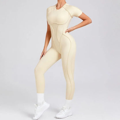 Seamless Yoga Jumpsuits Sports Fitness Hip-lifting Backless Short-sleeved One-piece Workout Gym Leggings Tracksuits for Women.