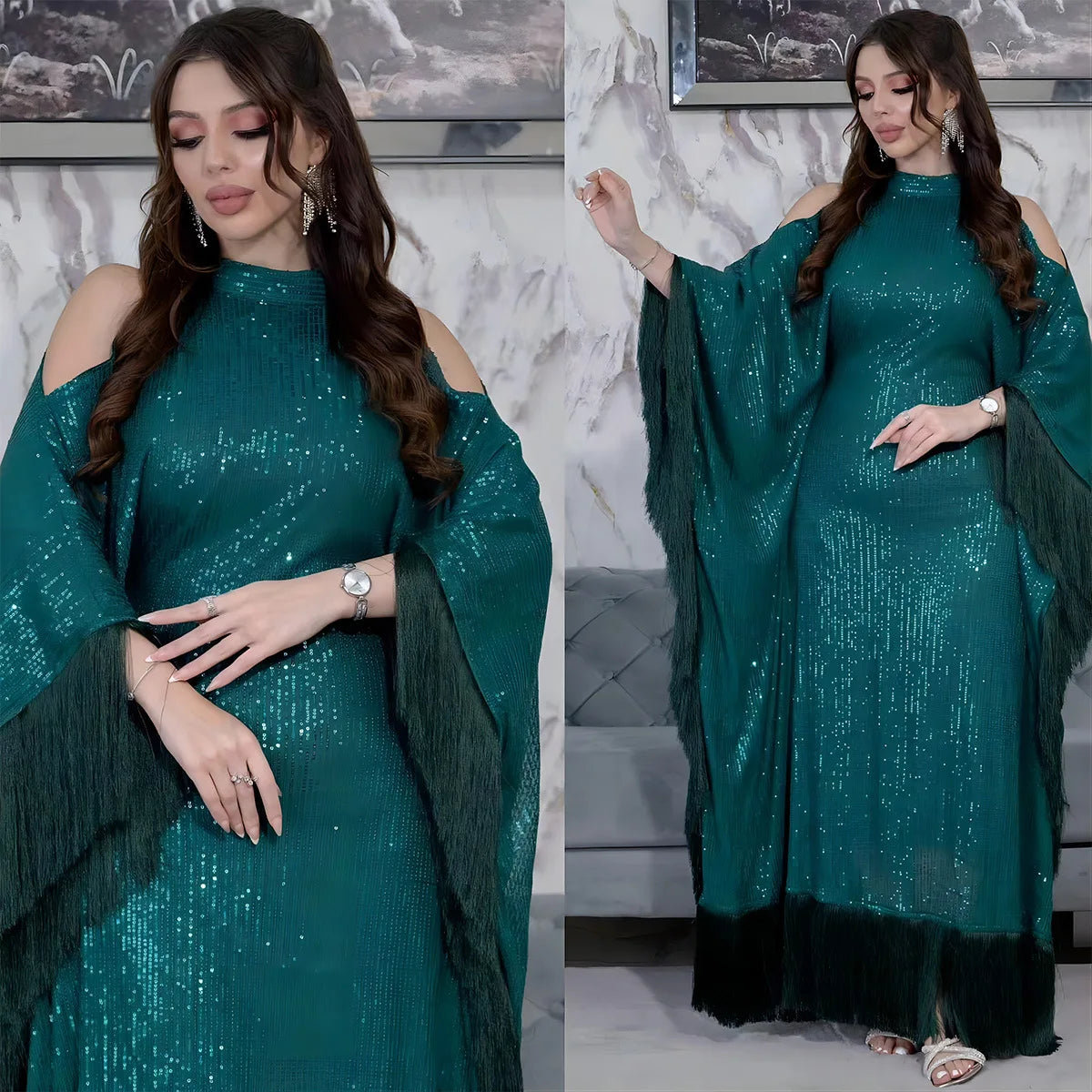 Ramadan Eid Tassel Sequin Batwing Abaya Dubai Women Islam Muslim Maxi Kaftan Dresses Kebaya Caftan Marocain Robe Femme Musulmane.