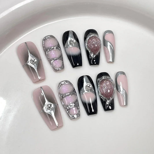 10Pcs Black Handmade Press On Nails Coffin Fake Nails Full Cover Gradient Metal Contrast Artificial Manicure Wearable Nail Tips.