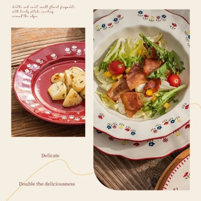 SOLECASA Ceramic Tableware Pastoral Style Rice Soup Bowl Fruit Salad Bowl Dish Pasta Dessert Plate Dinnerware Table Decoration.