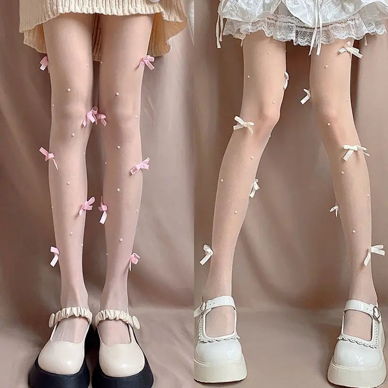 Lolita Pink Velvet Bow Embroidery Pearl Tights Pantyhose Fashion Women Tights JK Lolita Styles Sweet Girls Kawaii Cute Stocking.