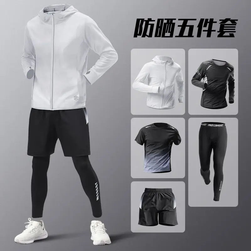 5pcs Men's Lightweight Summer Ice Silk Athletic Set Quick-Dry Running Clothes Outdoor Kit Cycling Fitness Men's Sportswear Set