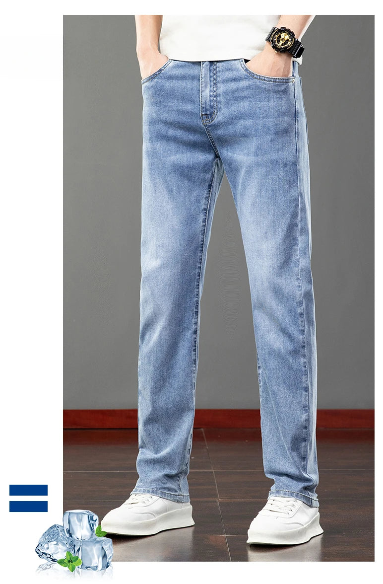 Spring Summer Thin Slim Fit Jeans Mens Elastic Straight Casual Business Denim Pants Washed Classic Brand Clothing Men Trousers.