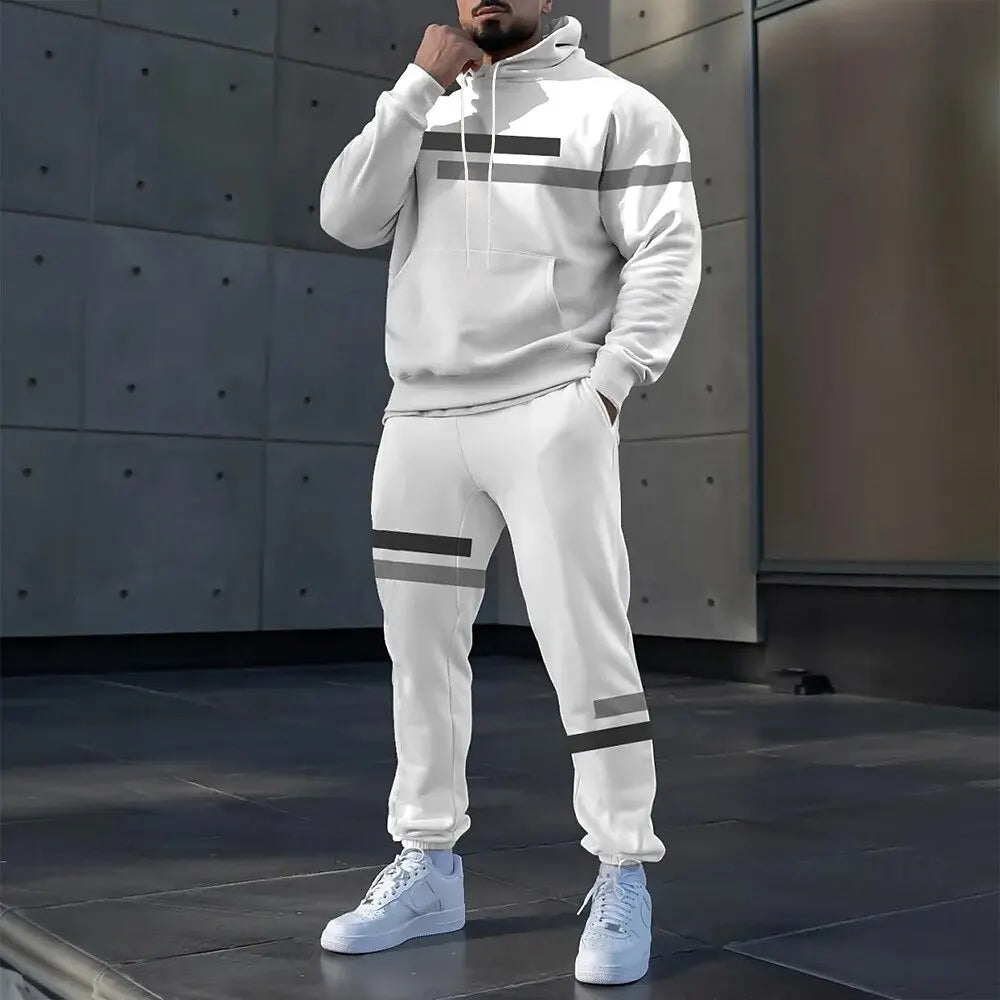 Simple Stripe Print Men's Hoodies Sets Autumn Winter Casual Sweatshirt Pants 2 Piece Fashion Tracksuits Outdoor Street Clothing.