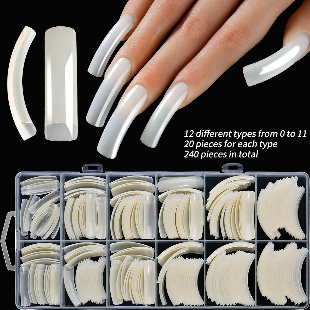 240Pcs/Box Extra Long Bend False Nails 12-Sizes Full Cover Press On Nail Clear/White/Black Building Extension Fake Fingertips *&.