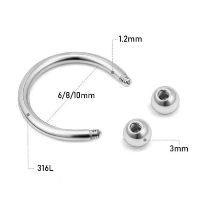 2Pcs 6/8/10mm Stainless Steel Zircon Piercings Earrings Horseshoe Ring Piercing Nose Ear Belly Rings Body Jewelry For Women/Men.