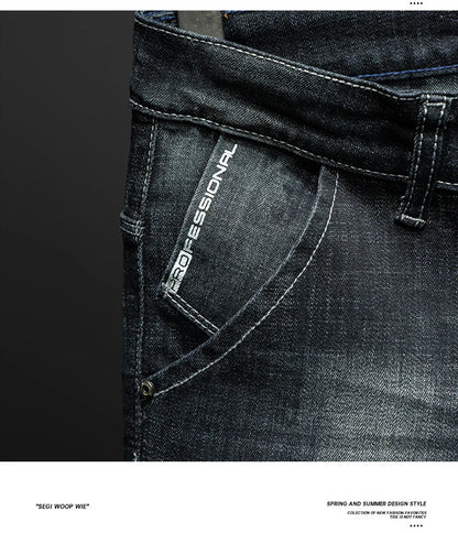 Fashion Ripped Men's Slim Straight Stretch Jeans Korean Personality Streetwear Denim Pants Classic Black Hip Hop Male Trousers.