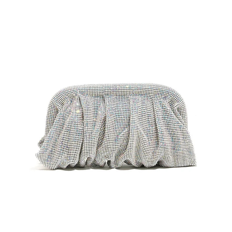 Premium Handmade Diamond-encrusted Clutch Bag Pleated Chain Rhinestone Cloud Clip Dinner Bag Single Shoulder Oblique Span Bolsos