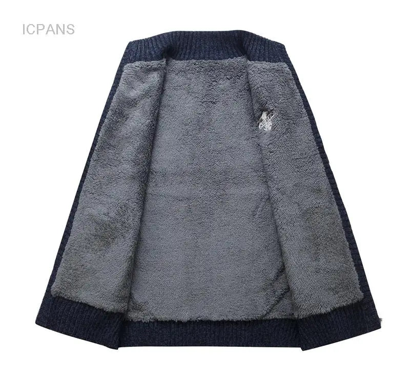 Winter Wool Liner Sweater  Cardigan Man Knit Striped Stand Collar Jacket Outwear Knitted Sweatercoat Men Vintage Clothing.