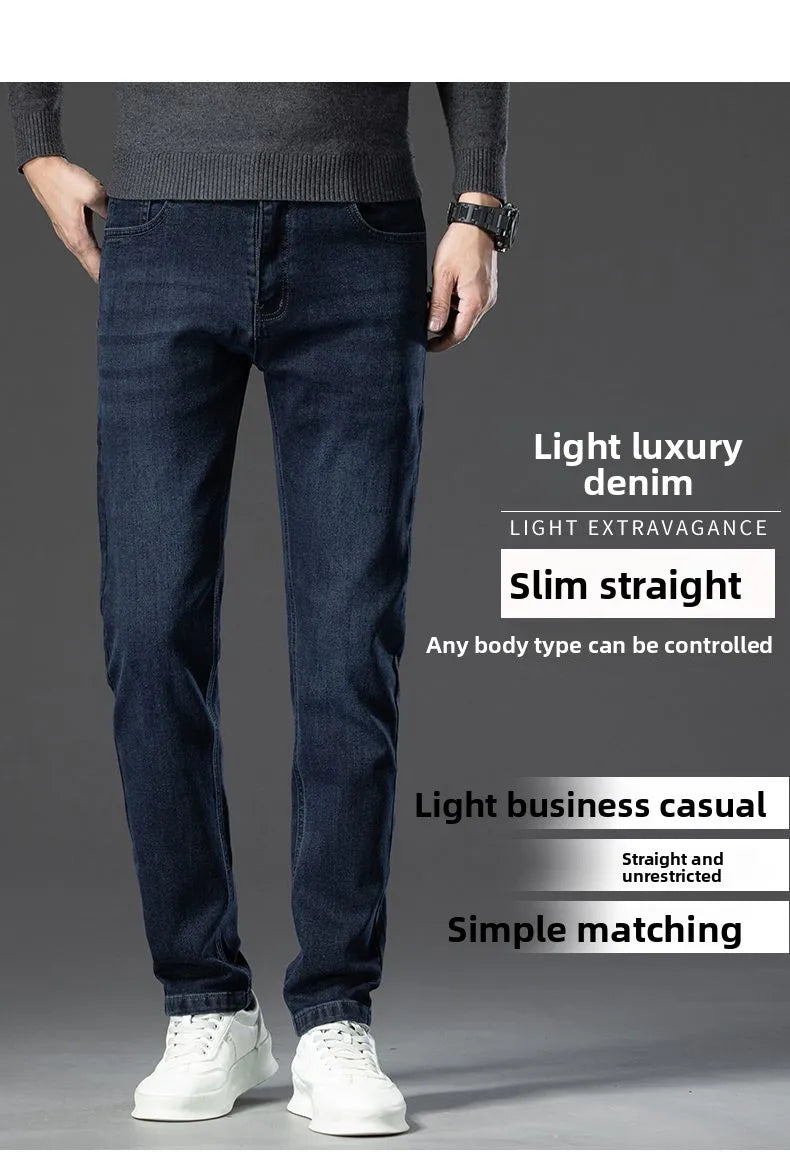 Autumn New Men's Business Jeans High Elasticity Straight Denim Trousers Men's Pants Work Clothes Haze Blue Black Gray Brand.