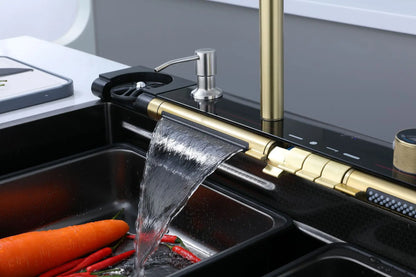 Golden Household Stainless Steel Waterfall Kitchen Sink MultiFunction Wash Vegetable and Dish Countertop Basin Large Single Slot