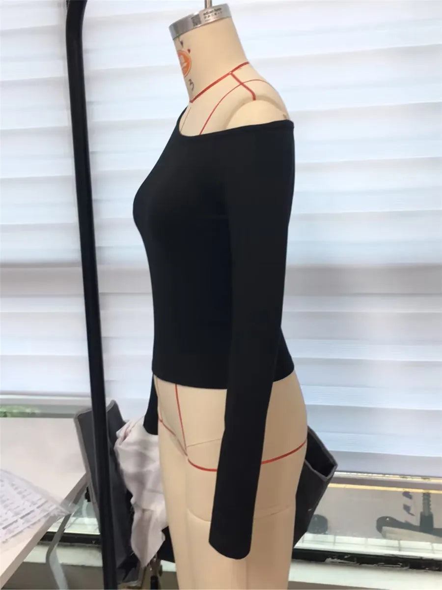 Women's One Shoulder Pullover Tops Slim Fit Solid Color Slash Neck Long Sleeve Showing Navel Asymmetrical Basic Shirt for Fall.