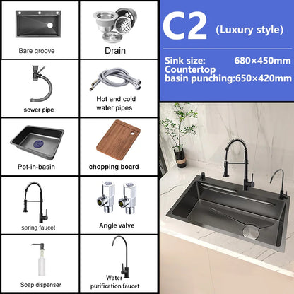 Stainless Steel Kitchen Sink Embossed Large Single-Slot With Kitchen Faucet Multifunctional Washbasin for Apartment