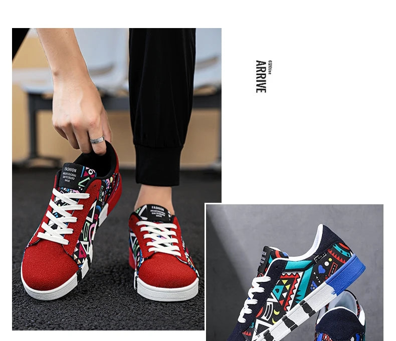 High quality Red Vulcanized Shoes For Men Unisex Casual Sneakers 46 Size Fashion Graffiti Flat Sneakers Men Skateboard Shoes.