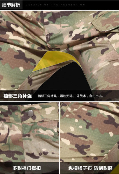 Autumn Tactical Sets Men Outdoor Breathable Short Sleeve Tshirt+Waterproof Straight Pant 2 Pcs Suits Camo Multi-pocket Cargo Set