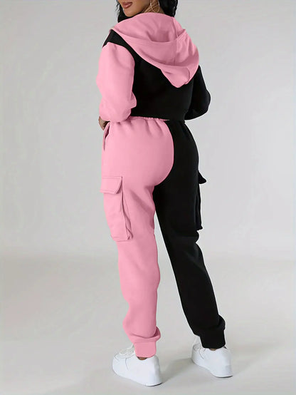 Women Loose Autumn Winter Two Pieces Suit Matching Sets Hoodie Tracksuit Blocked Zipper Short Outerwear Drawstring Cargo Pants