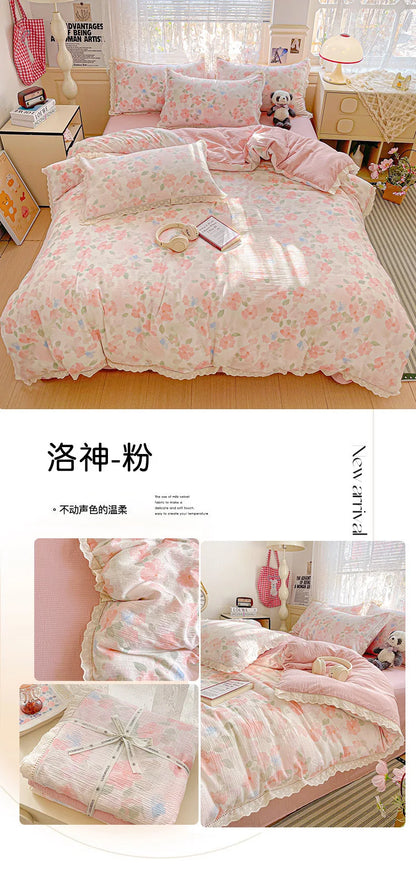 2025 new small fresh printing French lace lace double four-piece set bedding wrinkled yarn student three-piece set