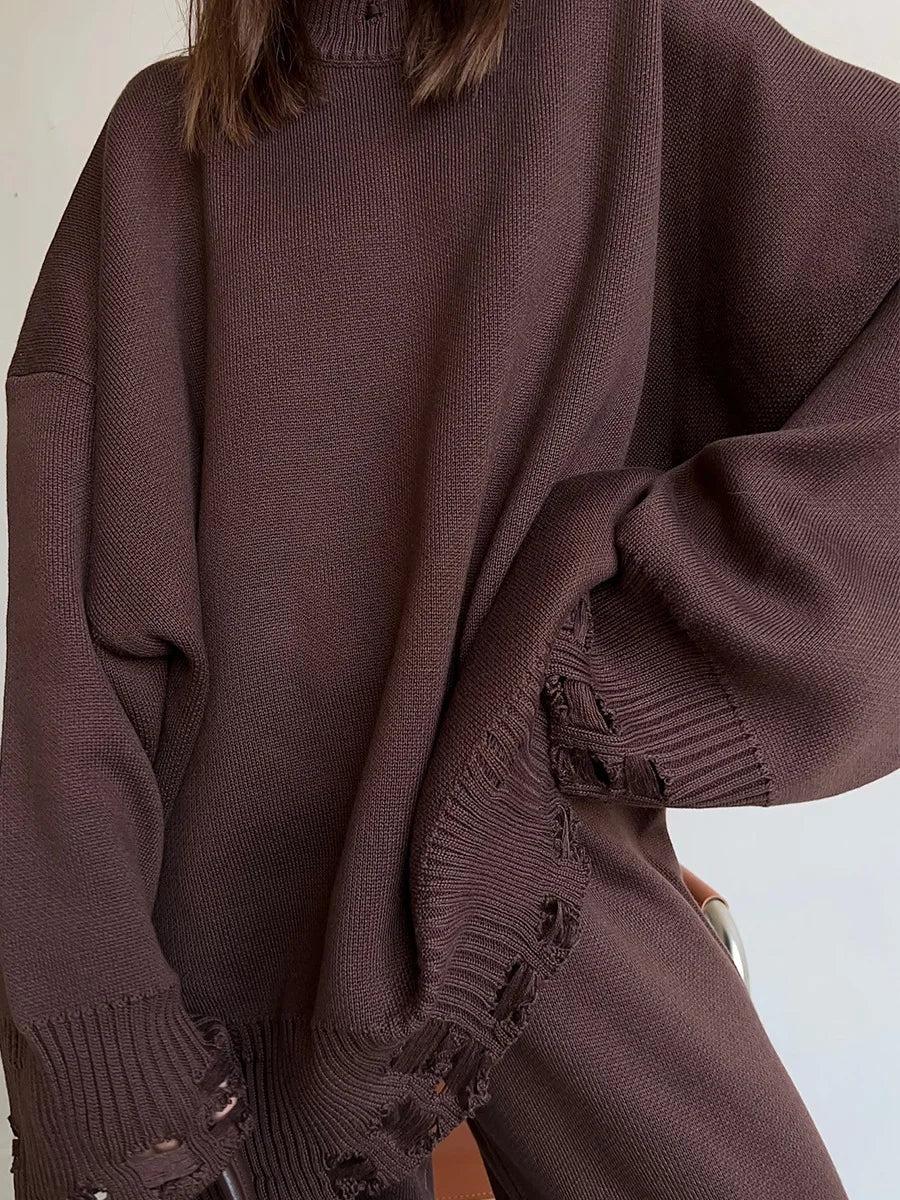 Two Piece Ripped Set Women Knit Tracksuits O Neck Long Sleeve Casual Baggy Sweatshirts+ Joggers Pants Outfits 2025 Fall Winter.