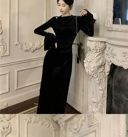 Internet Celebrity High-End-Samtkleid Leichtes, temperamentvolles, hoch tailliertes, schlankes, burgunderrotes Fischschwanzkleid.