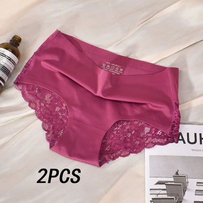2 Articles Ice Silk Panties Female Mid-waist Non-marking Lace Cotton Crotch Skin-friendly Large Size Breathable Ultra-thin Young.