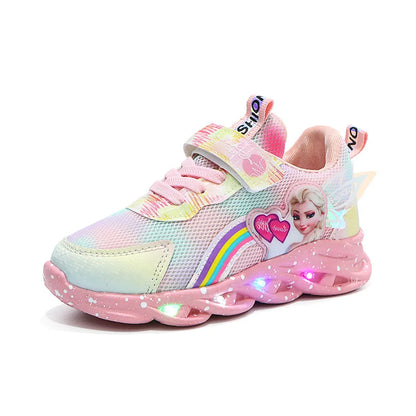 Disney Casual Sneakers LED Lighted For Spring Girls Frozen Elsa Princess Rainbow Outdoor Children Non-slip Pink Purple Shoes.