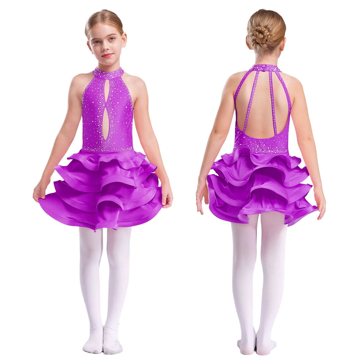 Eiskunstlauf-Kostüm für Teenager-Mädchen, lateinamerikanischer Tanz, Cha-Cha, Tango, Performance-Tanzbekleidung, ärmelloses, gestuftes Kleid mit Strasssteinen