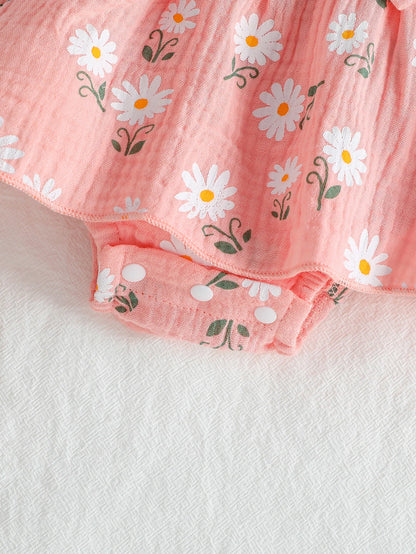 2Pcs Sommer Neugeborenen Weiche Baumwolle Rosa Baby Mädchen Strampler Kleid Daisy Print Kurzarm Overalls Kleidung Bodys + Stirnband.
