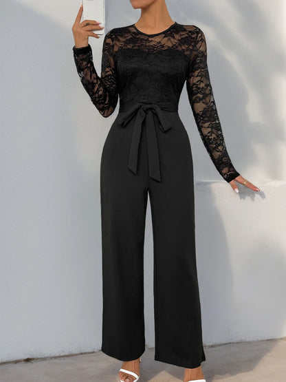 Spring New Women's Sexy Lace Spliced Long Jumpsuit Fashion Solid Color Hollow Long Sleeve Casual Laces Wide Leg Jumpsuit Women.