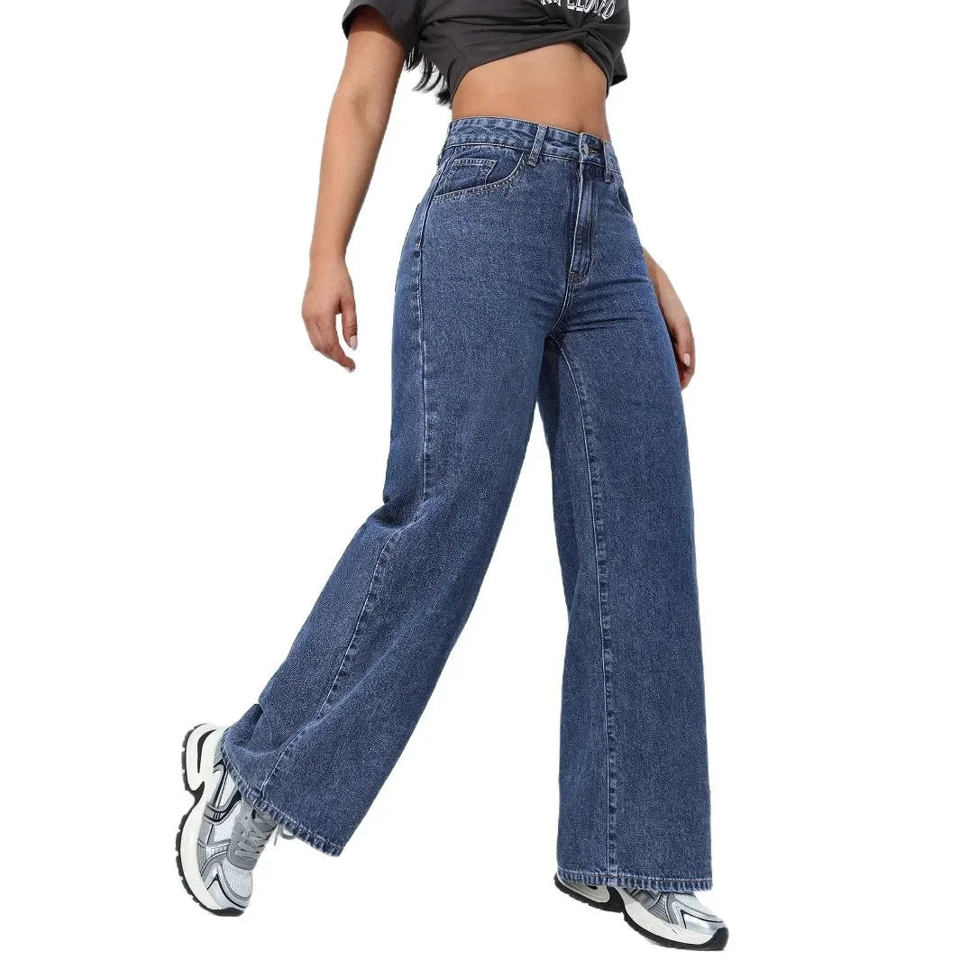 American Style High Waist Wide Leg Jeans Women's Spring New Loose Slim Straight Floor-Length Denim Pants.