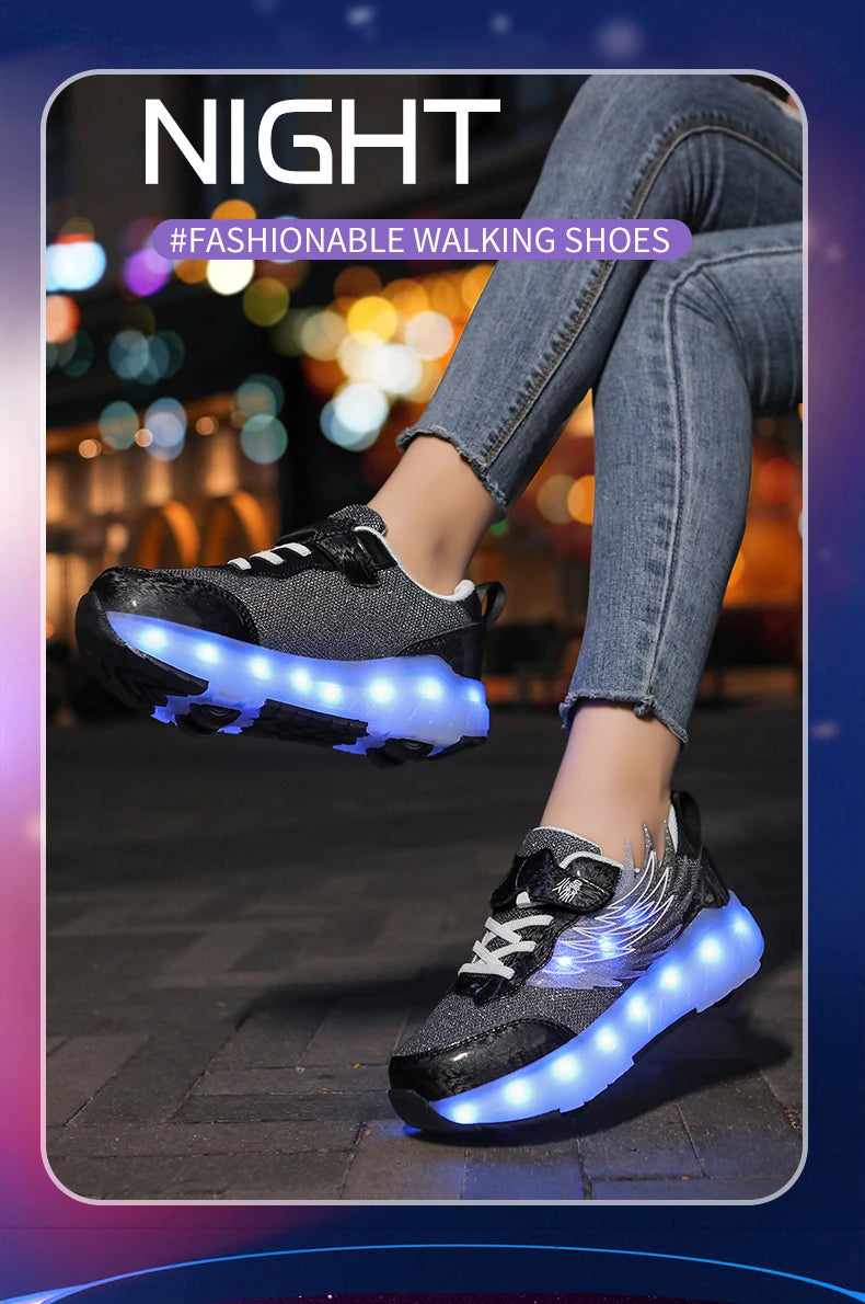 Boys Girls Roller Shoes LED Light Up USB Charging Children Roller Skate Casual Skateboarding Shoes Sports Shoes Kids Sneakers.