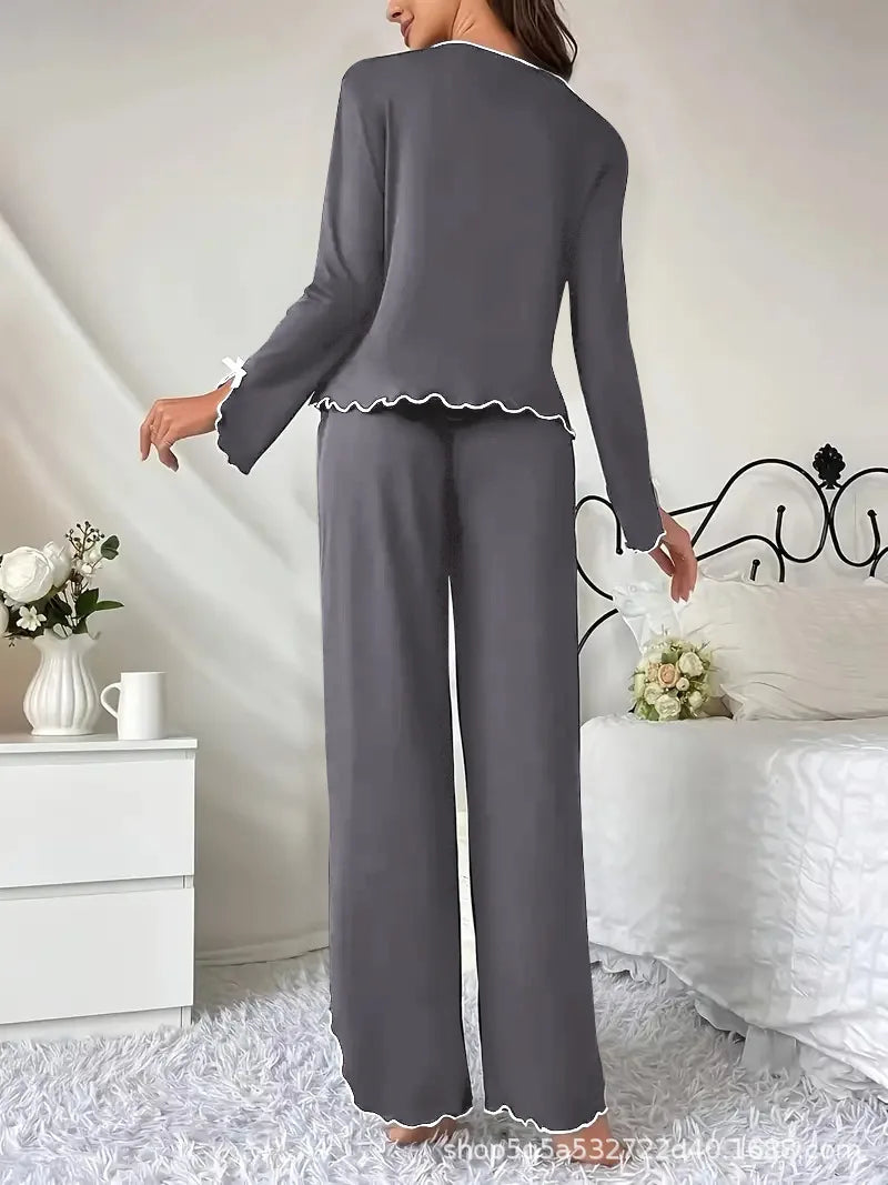 Europe hot-selling new pajamas black fungus edge long-sleeved trousers two-piece set comfortable high-end loungewear.