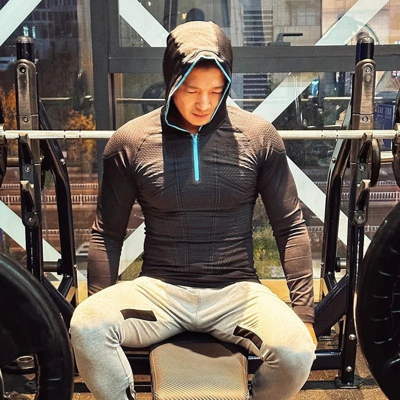 Men's Quick Dry Breathable Slim Fit Elastic Hooded Zipper Long Sleeve Fitness T-Shirt for Gym Sports Casual.
