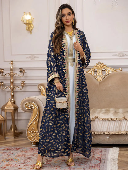 Muslim Abaya 3 Piece Set Women Party Dresses Cardigan Robe Sashes Suit Bronzing Jalabiya Ramadan Morocco Dubai Kaftan Vestidos.