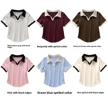 Summer Short Sleeve V-Neck Polo Shirt Women's Short Style Cotton Lycra Ribbed Top Bright Color Block 220g 40 Denier.