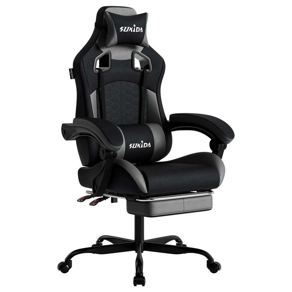 SUKIDA Ergonomischer Racing-Gaming-Stuhl, verstellbar, drehbar, mit Kopfstütze und Lordosenstütze für Büro und Gaming