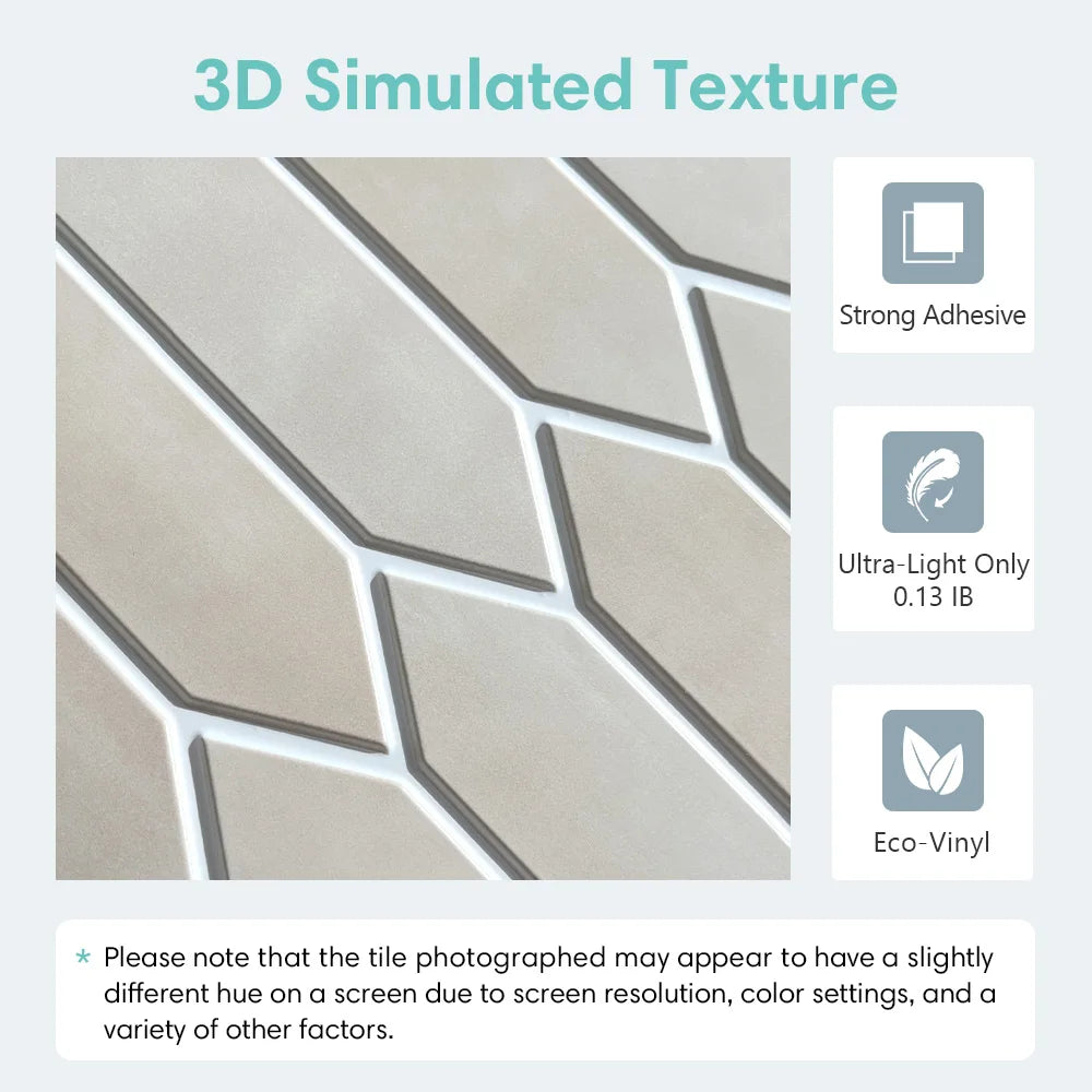 10 Pcs 3D Wall Panels, Peel and Stick Backsplash Tiles, Long Hexagon 3D Decorative Tiles for Interior Decor 30 X 30cm