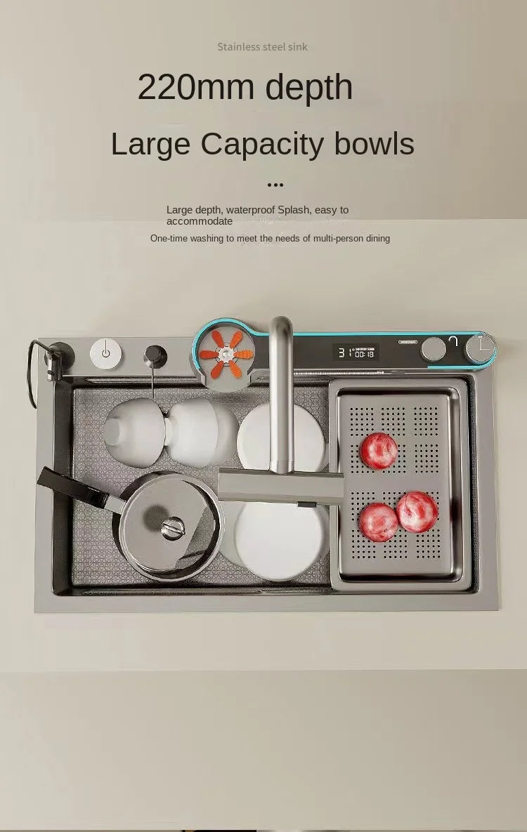 Digitalanzeige, Wasserfall, Einzelschlitz, Nano-Spüle aus Edelstahl 304, Geschirrspülen, Küche, multifunktionales Gemüsewaschbecken