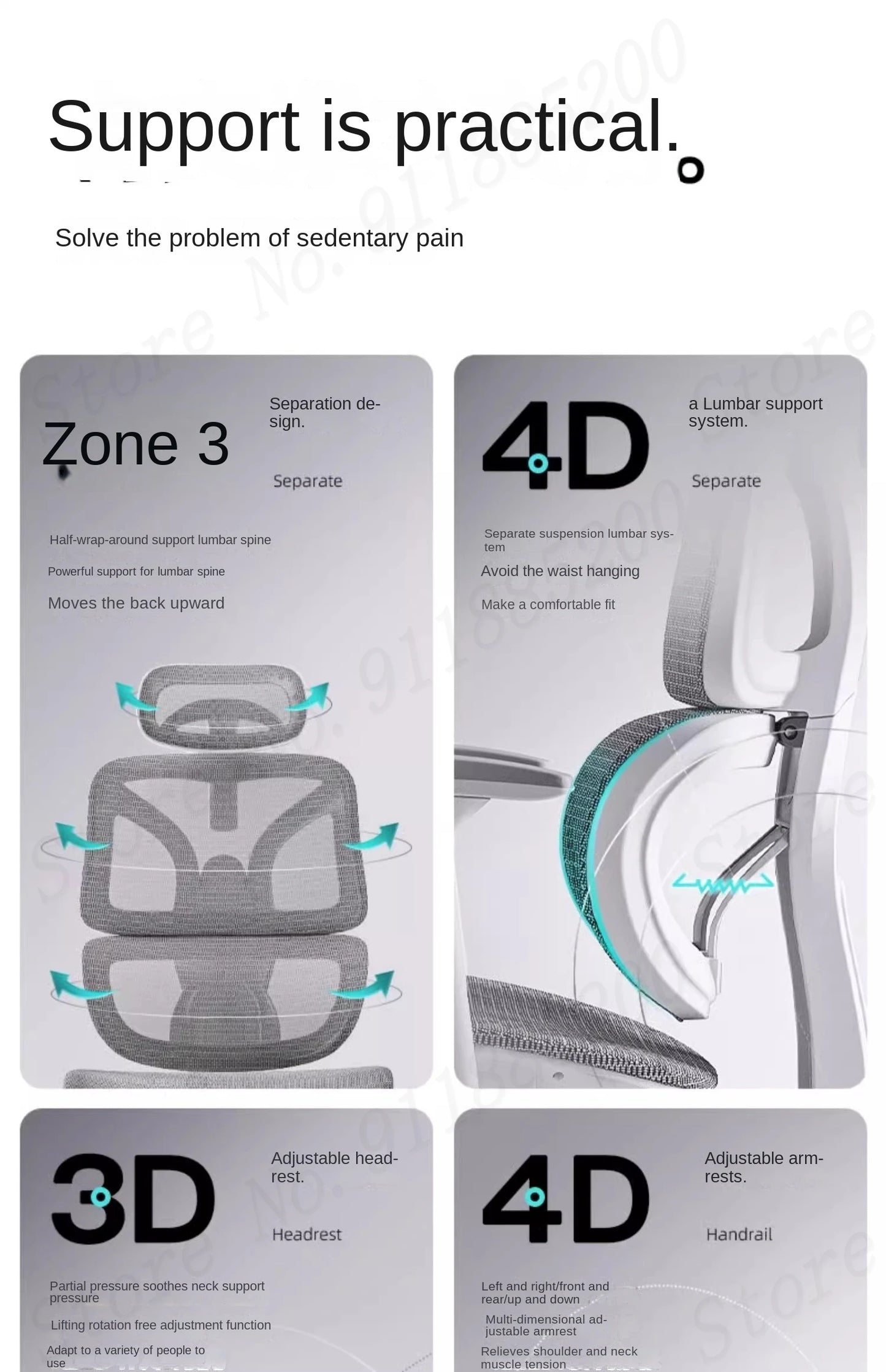 Ergonomischer Computerstuhl, Heimbüro, Lordosenstütze, Gaming-Stuhl, Liegestuhl aus Latex, atmungsaktives Mesh, 4D-verstellbare Armlehne