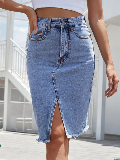 Women's Front Slit Blue Denim Skirt Pockets High Waist Slim Zipper Fly Midi Skirts 2023 Spring Female Casual Streetwear.