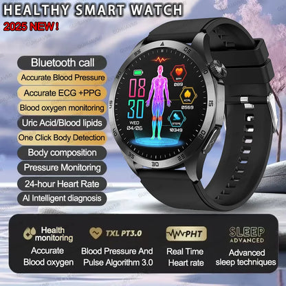 2025New Micro Physical Examination Blood Lipids Uric Acid Blood Pressure Smart Watch ECG+PPG Clock Bluetooth Call Smartwatch Men