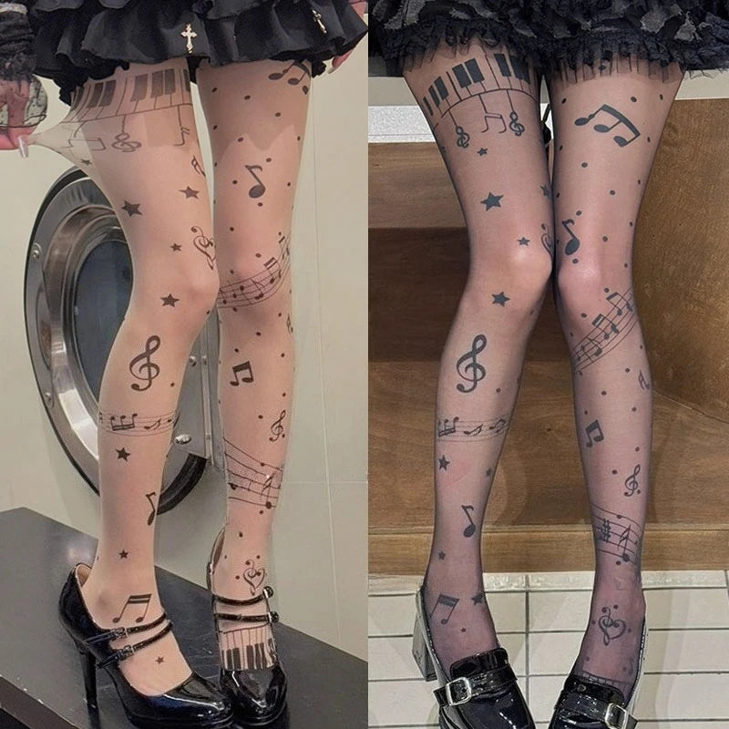 Women Personalized Stocking Gothic Music Notes Print Tights Thin High Elasticity Black Skin Leggings Spicy Girls Y2K Hosiery