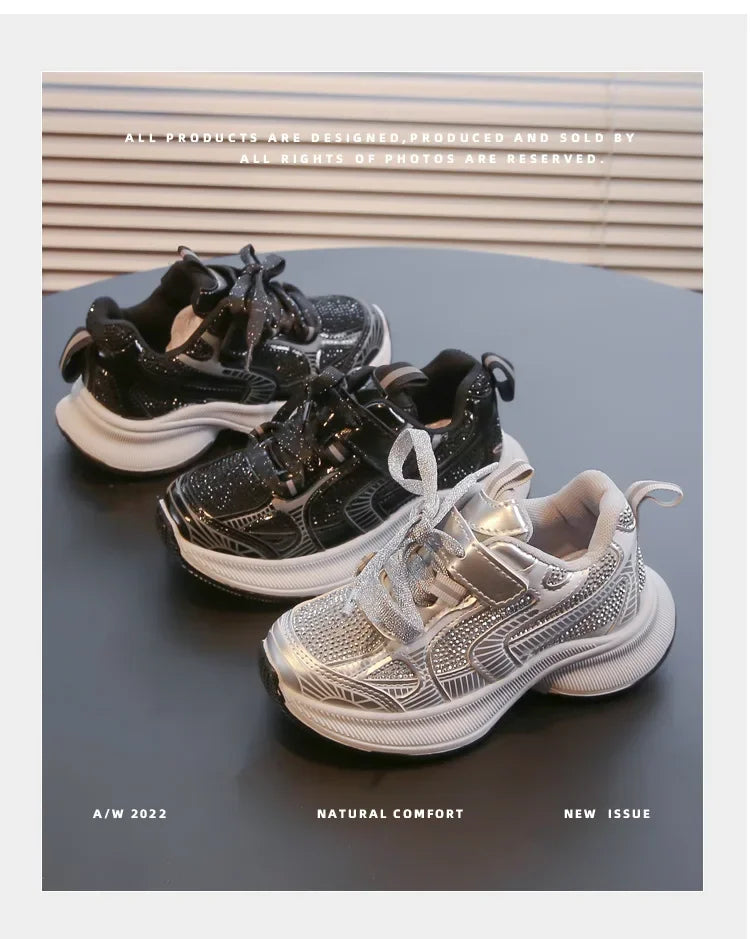 Kids Casual Running Shoes with Rhinestones Boys Girls Sports Shoes Mesh Breathable 2024 New Children Sneakers Fashion Trendy.