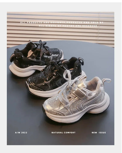 Kids Casual Running Shoes with Rhinestones Boys Girls Sports Shoes Mesh Breathable 2024 New Children Sneakers Fashion Trendy.