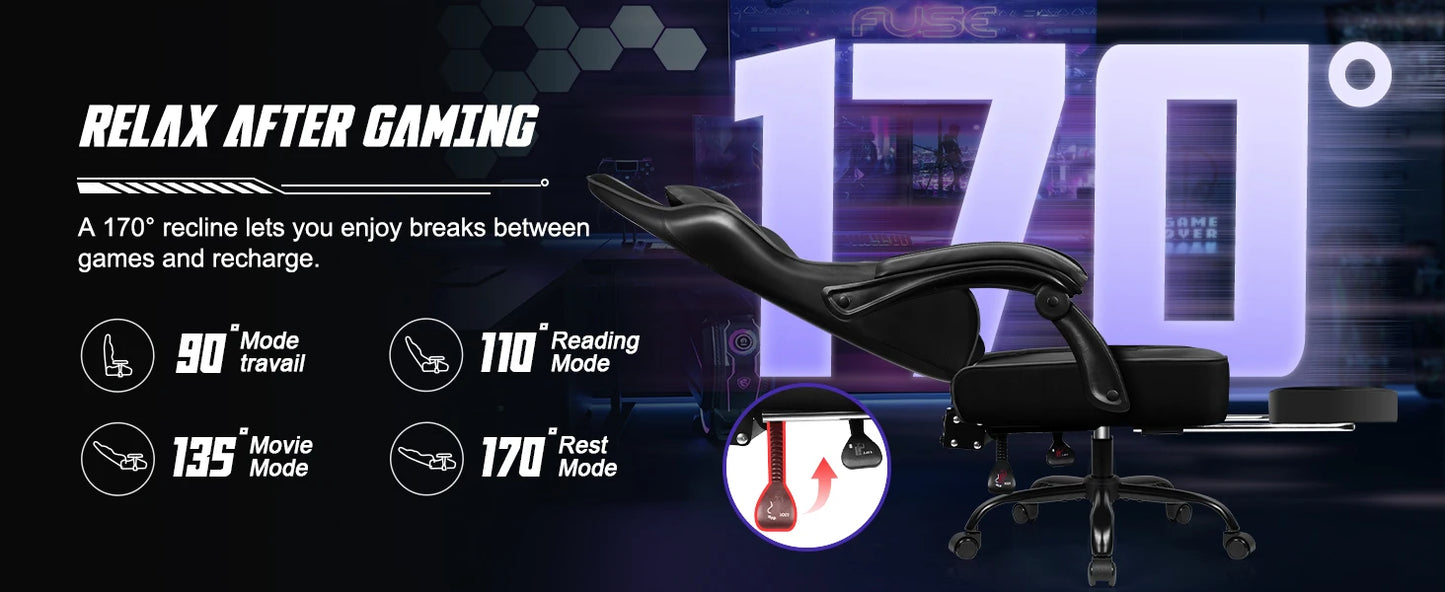 AUTHMIC Ergonomischer Gaming-Stuhl mit Fußstütze und Lordosenstütze, verstellbarer Bürostuhl aus PU-Leder, für Heimbüro und Gamer