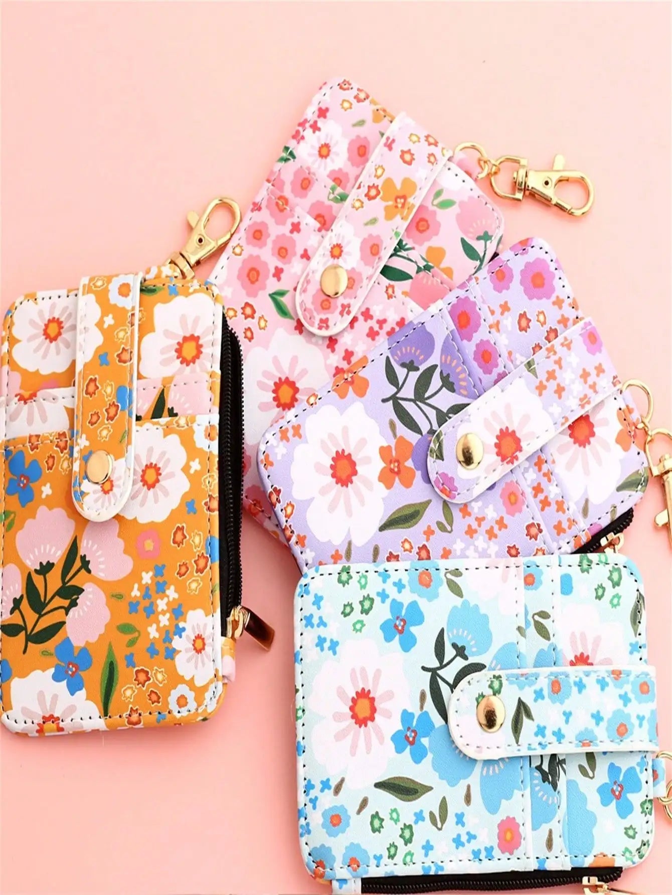 A printed folded vertical bag zipper card holder floral coin purse women's wallet.