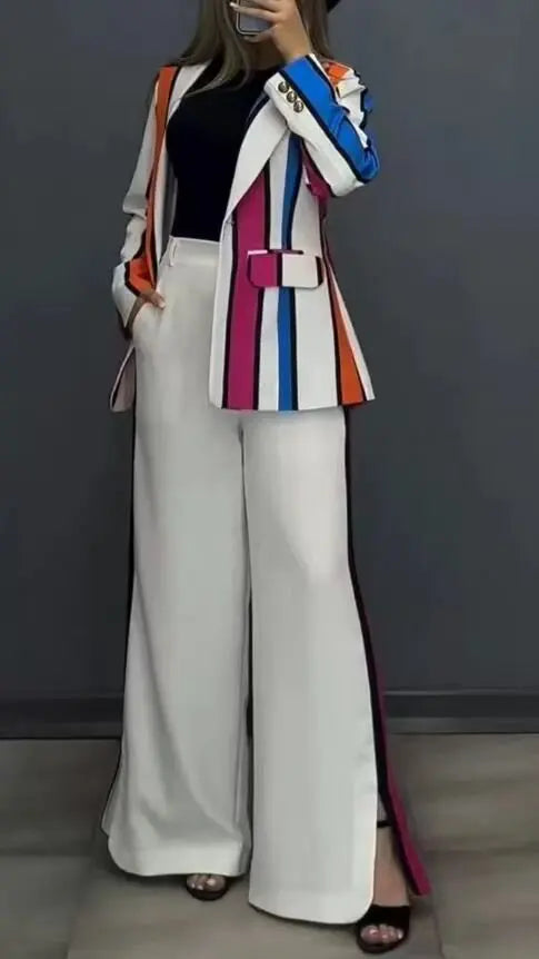 Women Striped Print Suits+pants Two Piece Sets Autumn Winter Casual Wide Leg Pants Sets Office Ladies Elegant Coats Outfits.